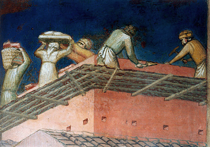 Maison en construction (détail de la fresque des Effets du bon gouvernement à la ville), 1337-1339, Ambrogio Lorenzetti, Sienne, Palazzo Pubblico