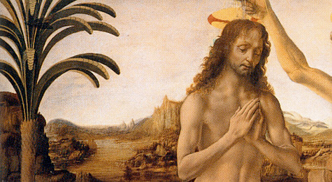 Bautismo de Cristo, Andrea Verrocchio y Leonardo da Vinci, detalle