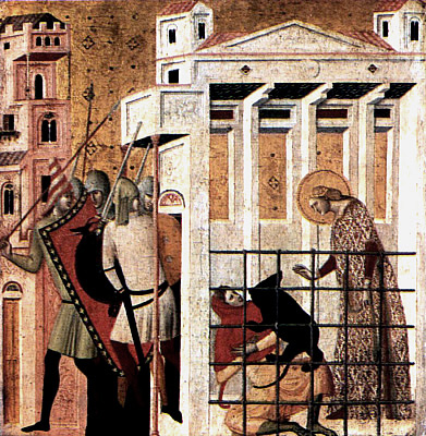 Sainte Colombe sauvée par un ours, vers 1340, Giovanni Baronzio, (Milan, Pinacoteca di Brera).