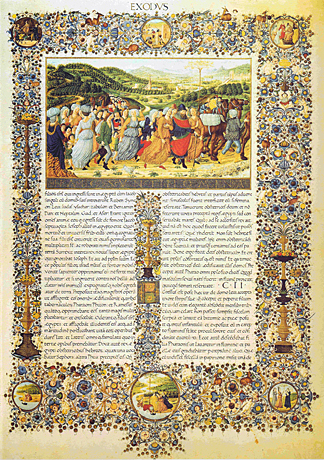 Biblia de Federico de Montefeltro, detalle del libro del Éxodo, c. 1476-1478, Francesco d’Antonio del Chierico (Roma, Biblioteca Vaticana)