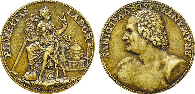 Donato Bramante, médaille, recto et verso, Cristoforo di Giovanni Matteo Foppa, dit Caradosso, 1505 (Milan, Castello Sforzesco)