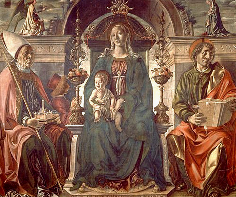 La Vierge et l'Enfant avec deux saints (retable des Marchands), 1474, Francesco del Cossa, Bologne, Pinacoteca Nazionale La Vierge et l'Enfant avec deux saints (retable des Marchands), 1474, Francesco del Cossa, Bologne, Pinacoteca Nazionale