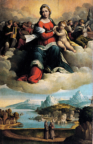 Vierge et l'Enfant en gloire avec saint Antoine de Padoue et saint François, vers 1530, Garofalo (Rome, Pinacoteca Capitolina)
