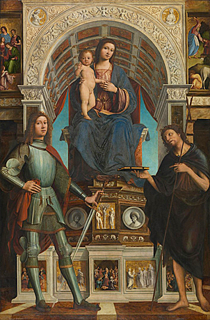 Vierge à l'Enfant avec des saints, vers 1499, Lorenzo Costa et Gianfrancesco Mainieri (Londres, National Gallery)