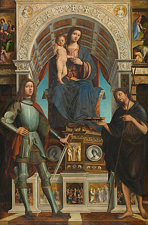 Virgen y el Niño con santos, h. 1499, Lorenzo Costa y Gianfrancesco Mainieri (Londres, National Gallery)