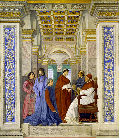 Sixte IV nommant Platina bibliothécaire, fresque détachée, 1477, Melozzo da Forli, Vatican, Pinacothèque