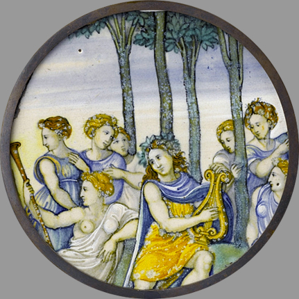 Fond de plat : Le Parnasse, faïence, vers 1525-1528, Nicola da Urbino (Paris, musée du Louvre)
