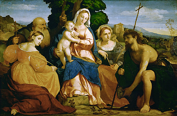 Vierge à l'Enfant avec des saints dans un paysage, vers 1518, Palma l'Ancien Vierge à l'Enfant avec des saints dans un paysage, vers 1518, Palma l'Ancien