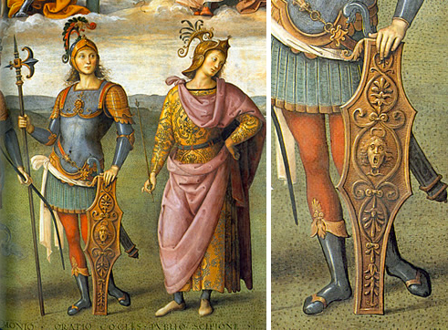 Force et Tempérance avec des héros de l'Antiquité, détails, le Pérugin,  Pérouse, Collegio del Cambio