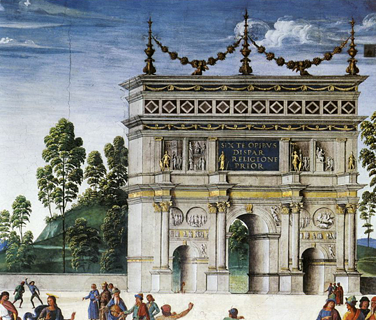 La Remise des clés, détail de l'Arc de triomphe de Constantin, le Pérugin, Vatican, chapelle Sixtine