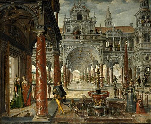 Arquitectura de palacio con paseantes, 1596, Hans Vredeman de Vries