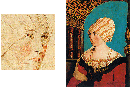 Portrait de Dorothea Meyer et dessin préparatoire, 1516, Hans Holbein