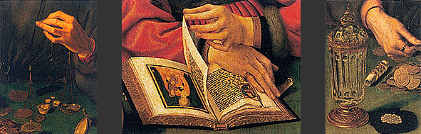 El cambista y su mujer, 1514, Quentin Metsys, detalles