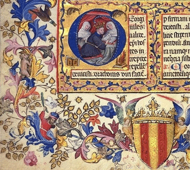 Alphonse V en prière et écusson de Royaume d'Aragon, livre d'heures, XVe siècle, (Paris, Bibliothèque Nationale