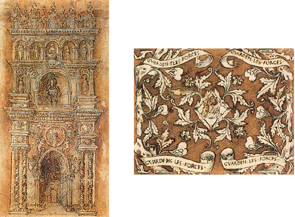 Dibujo de un pórtico y estandarte, Pisanello