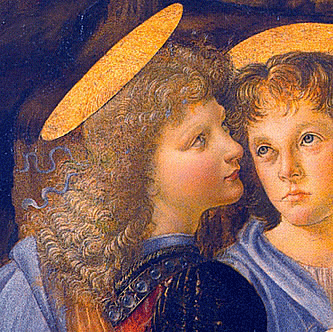 Bautismo de Cristo, hacia 1480, Andrea Verrocchio y Leonardo da Vinci