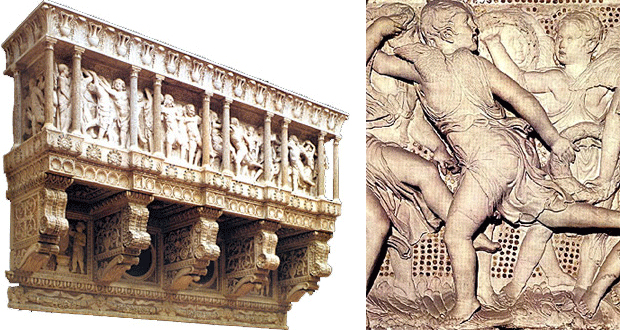La Tribune des Chantres et détail, 1433-1439, marbre vert coloré, Donatello, Florence, Museo dell'Opera del Duomo