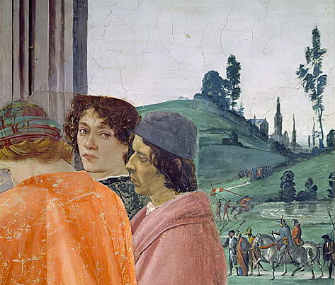 Presunto retrato de Botticelli en La Disputa de san Pedro con Simón el Mago, c. 1484, fresco, Filippino Lippi, Florencia, Santa Maria del Carmine, Capilla Brancacci