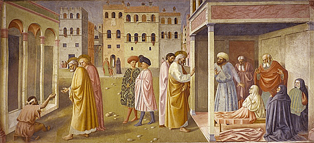 La curación del lisiado y la resurrección de Tábita, 1425, Masolino da Panicale 