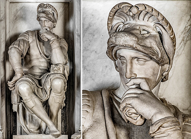 Tombeau de Laurent de Médicis, duc d'Urbino, détail, Michel Ange (Florence, Nouvelle Sacristie de San Lorenzo)