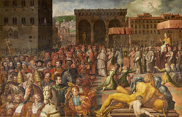 León X visita Florencia, Giorgio Vasari y Giovanni Stradano