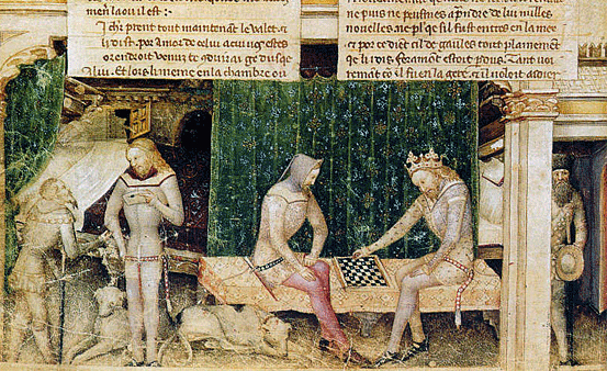 El rey Arturo y un caballero se enfrentan al ajedrez, Guiron le Courtois
