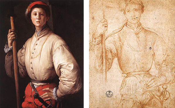 Retrato de un alabardero y dibujo preparatorio, Pontormo