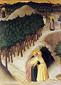 Le Rencontre de saint Antoine et de saint Paul l'ermite, Maître de l'Observance Le Rencontre de saint Antoine et de saint Paul l'ermite, Maître de l'Observance