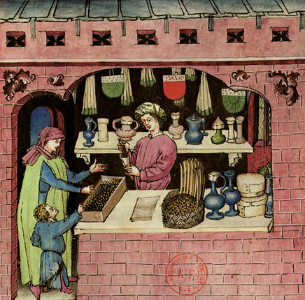 Boutique d’un apothicaire, vers 1380-1390, Tacuinum Sanitatis