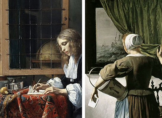 Hombre escribiendo una carta; Mujer leyendo una carta, Gabriel Metsu, detalles