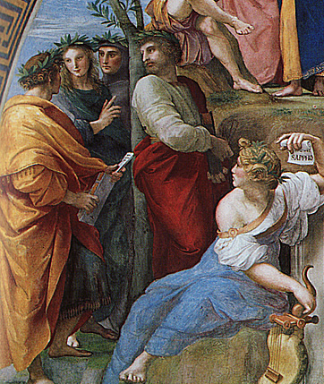 Alceo, Corina, Petrarca, Anacreonte y Safo, fresco de Rafael