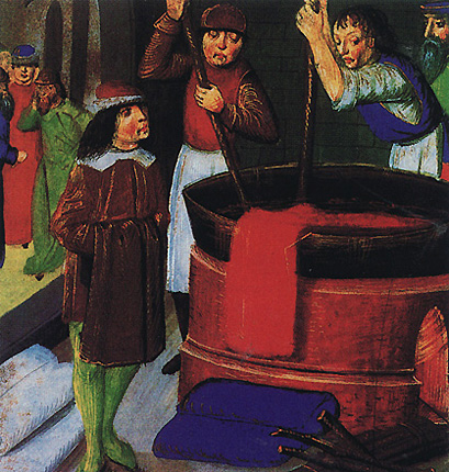 El trabajo de los tintoreros, miniatura del siglo XV