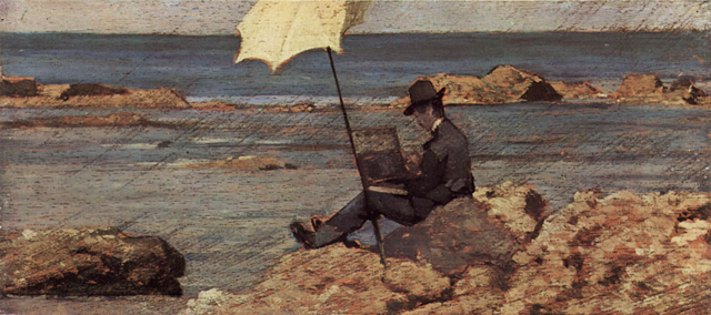 Silvestro Lega pintando junto al mar, 1866, Giovanni Fattori