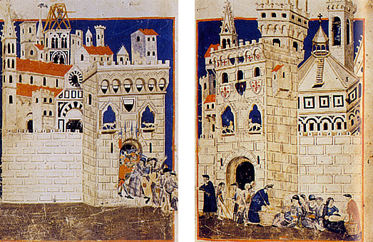 Les pauvres chassés de Sienne ; Florence accueillant les pauvres venus de Sienne, enluminures du Bidaiolo Fiorentino de Domenico Lenzi, XIVe siècle