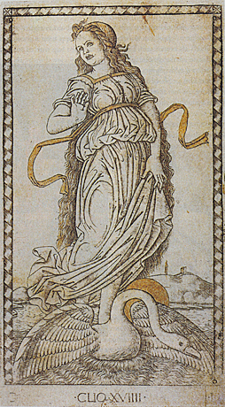 La musa Clio, 1460, grabado, Tarot de Mantegna