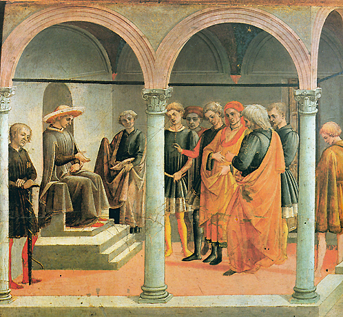 Historia de Griselda, panel lateral con escena de tribunal, c. 1450, Pesellino, Florencia, Uffizi