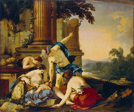 Mercurio entrega Baco a las ninfas, 1638, Laurent de La Hyre