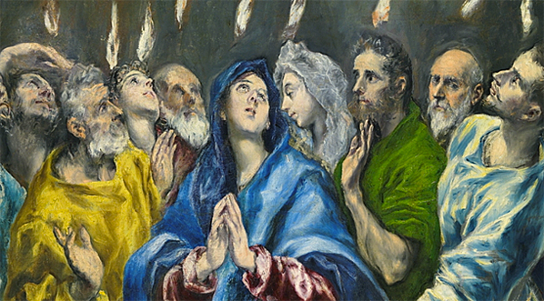La Pentecôte, détail de la Vierge et les apôtres, vers 1600, le Greco, Madrid, Museo del Prado