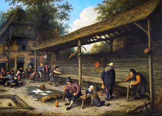 Un patio de taberna con el juego del tejo, 1677, Adriaen van Ostade 