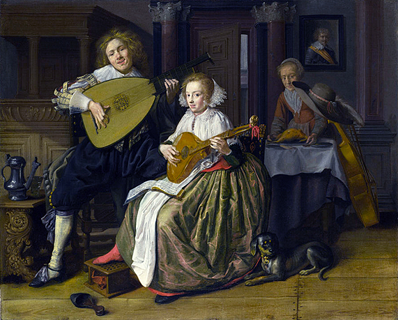 Un joven tocando una tiorba y una joven tocando una cítara, 1630-1632, Jan Molenaer