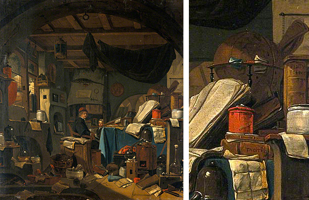 Alquimista en su laboratorio, con ayudante, c. 1673, Thomas Wijck