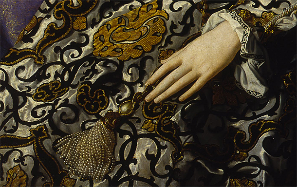 Éléonore de Tolède et son fils, tissu et bijoux, Bronzino