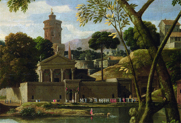 Paisaje con los funerales de Foción, 1648, Nicolas Poussin, detalle