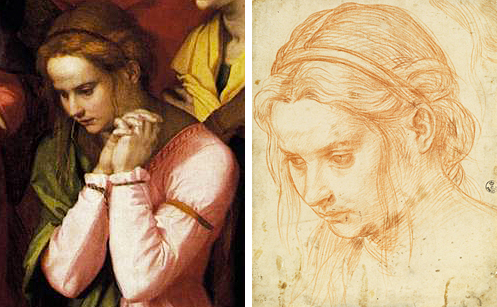 Pietà con santos, detalle y dibujo, 1524, Andrea del Sarto 