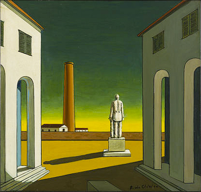 Place d’Italie avec statue, vers 1965-1970, Giorgio de Chirico, Musée d’art moderne de la ville de Paris