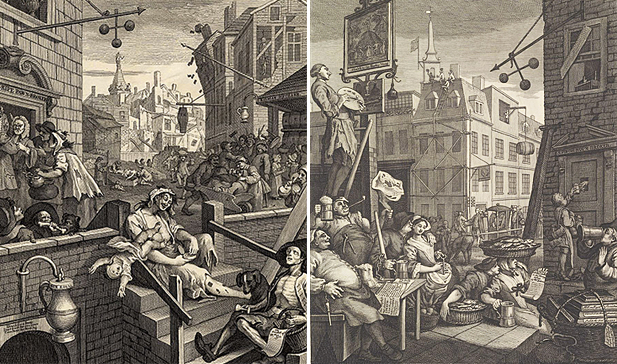 La Ruelle du Gin ; La Rue de la Bière, 1751, William Hogarth, Londres, Tate Britain