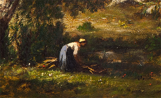 Femme ramassant du bois près d’une mare en forêt, détail,1856, Narcisse Diaz de la Peña