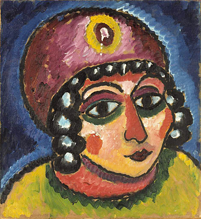 Alexej von Jawlensky, Tête de jeune fille avec turban rouge et agrafe jaune (Princesse barbare), vers 1912 Huile sur fibre dure, 55 x 51 cm Hagen, Osthaus Museum