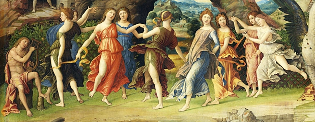 Apolo y las Musas, de El Parnaso, 1497, Andrea Mantegna, París, museo del Louvre