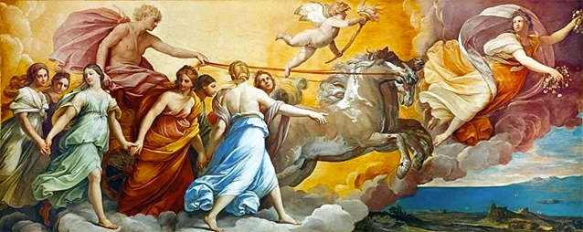 Apollon guidant le char du Soleil et précédé d'Aurore, 1614, fresque, Guido Reni, Rome, Casino dell'Aurora Pallavicini-